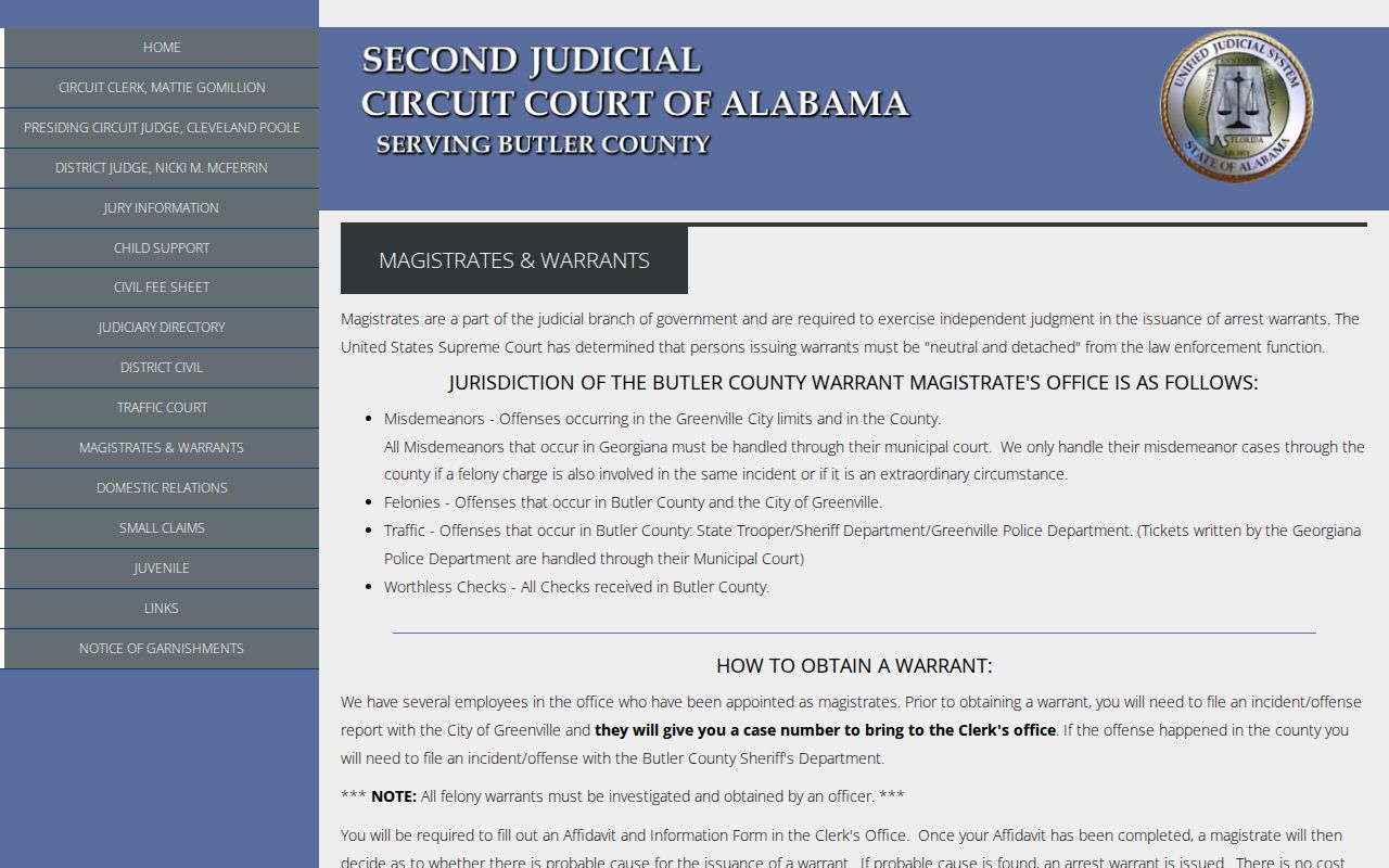 Butler County warrant search instructions on the magistrates page